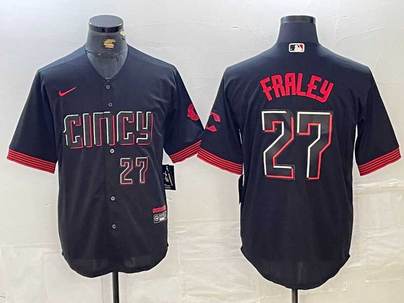 Mens Cincinnati Reds #27 Jake Fraley Number Black 2023 City Connect Cool Base Stitched Jersey